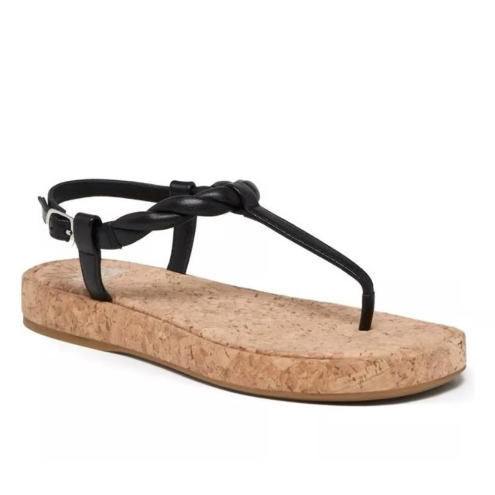 Paige Dawn Twisted T Strap Black Leather Cork Sandals Size 7